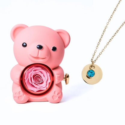 Ours Rose Éternelle & Collier Disque Personnalisé