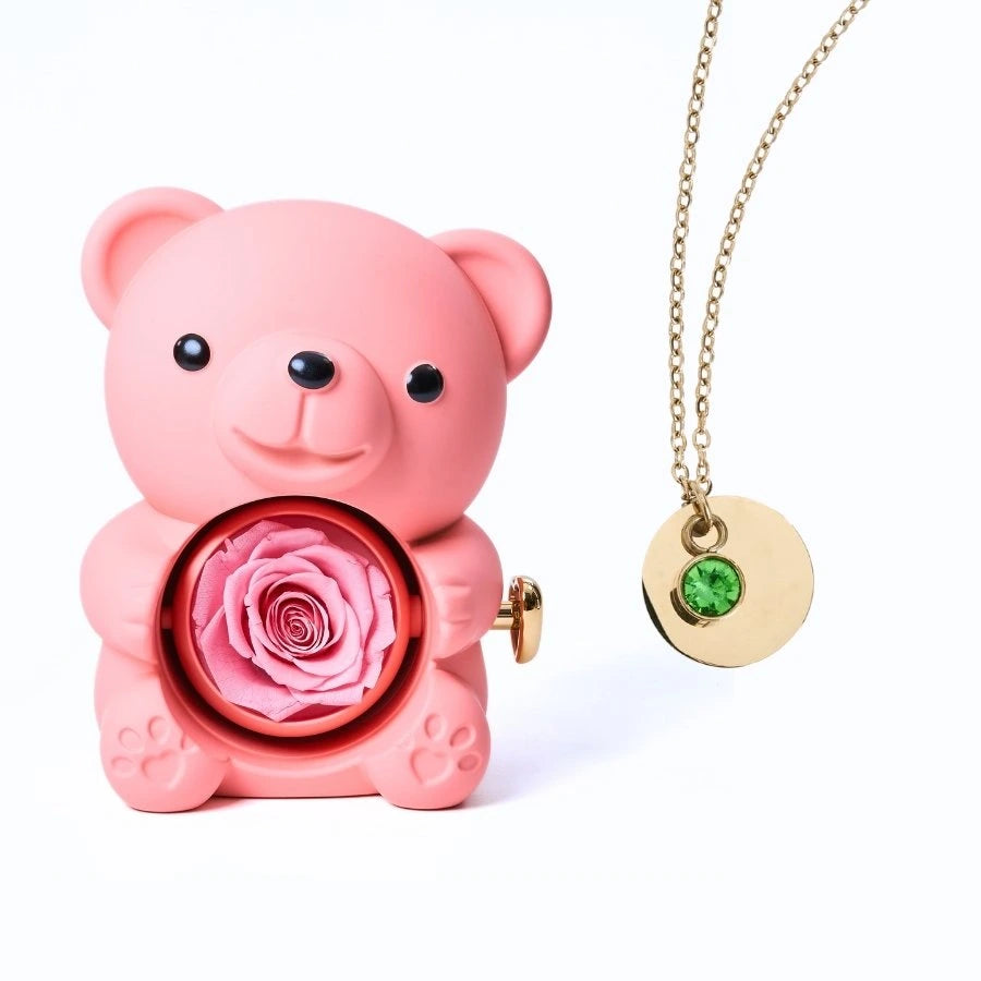 Ours Rose Éternelle & Collier Disque Personnalisé