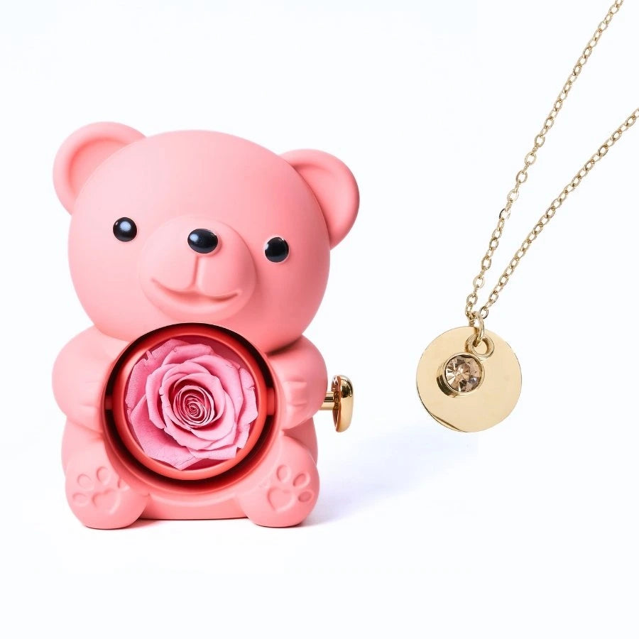 Ours Rose Éternelle & Collier Disque Personnalisé