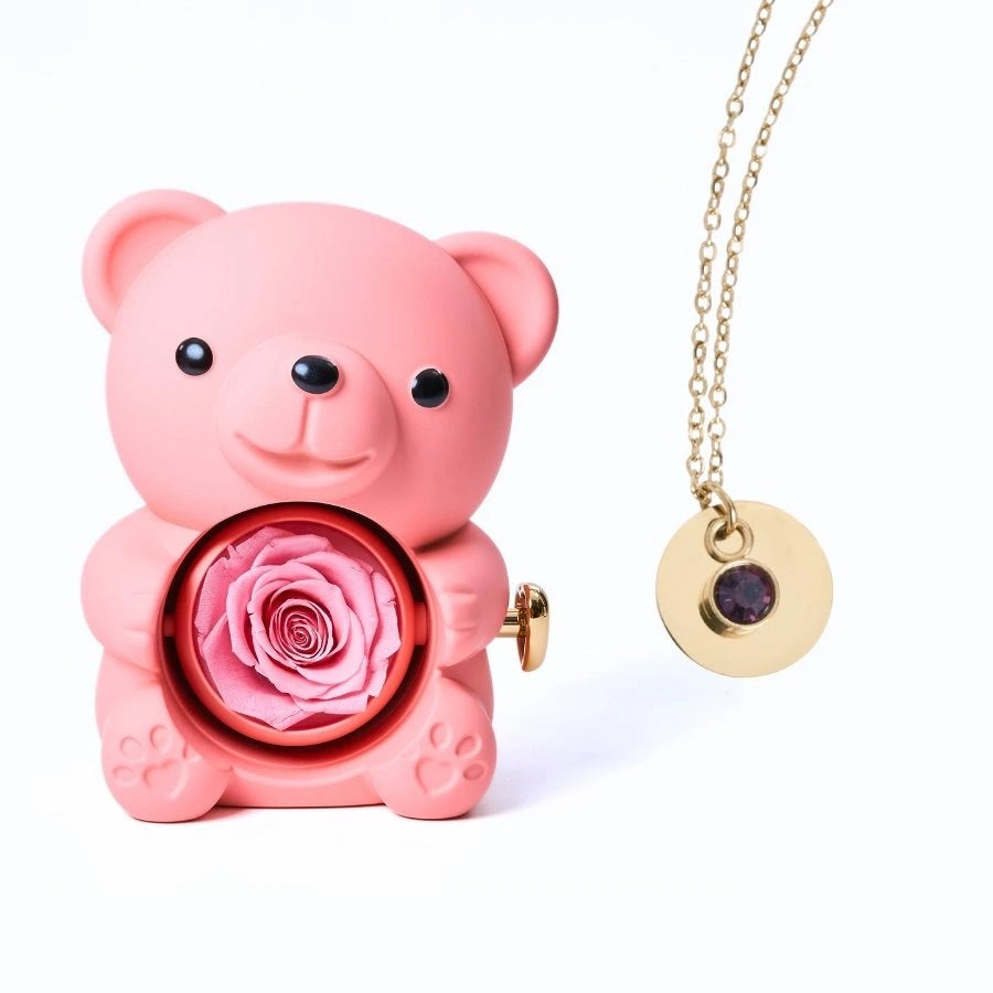 Ours Rose Éternelle & Collier Disque Personnalisé