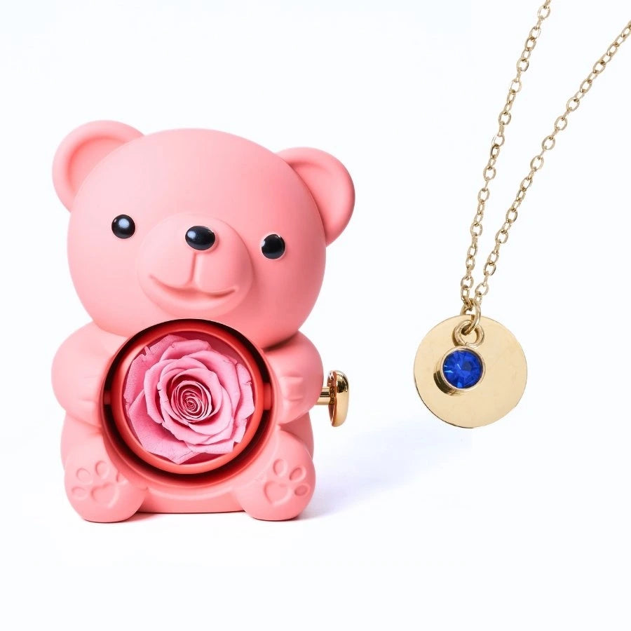Ours Rose Éternelle & Collier Disque Personnalisé