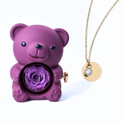 Ours Rose Éternelle & Collier Disque Personnalisé