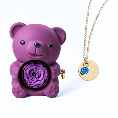 Ours Rose Éternelle & Collier Disque Personnalisé