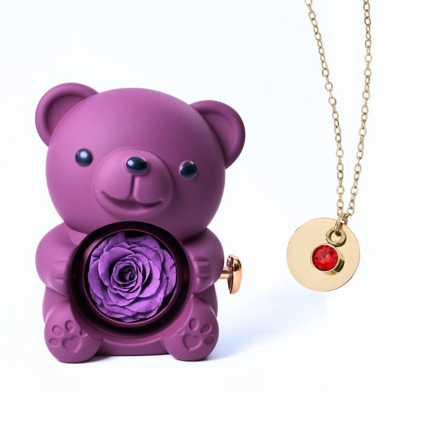 Ours Rose Éternelle & Collier Disque Personnalisé