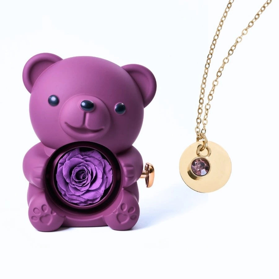 Ours Rose Éternelle & Collier Disque Personnalisé