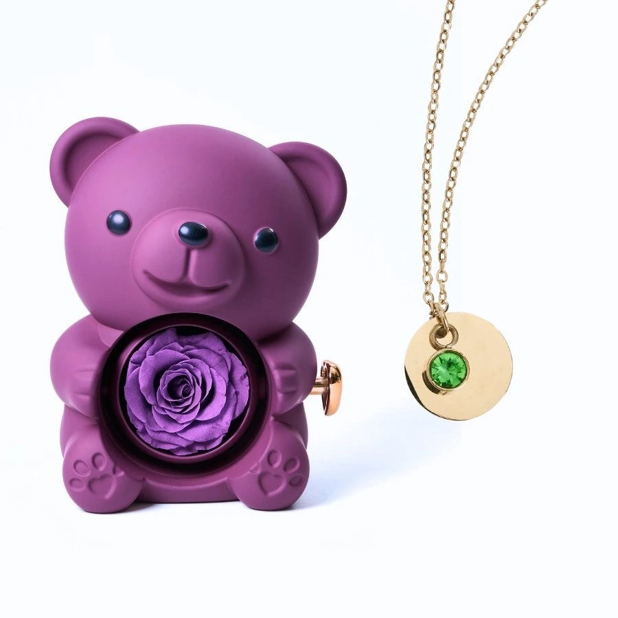 Ours Rose Éternelle & Collier Disque Personnalisé