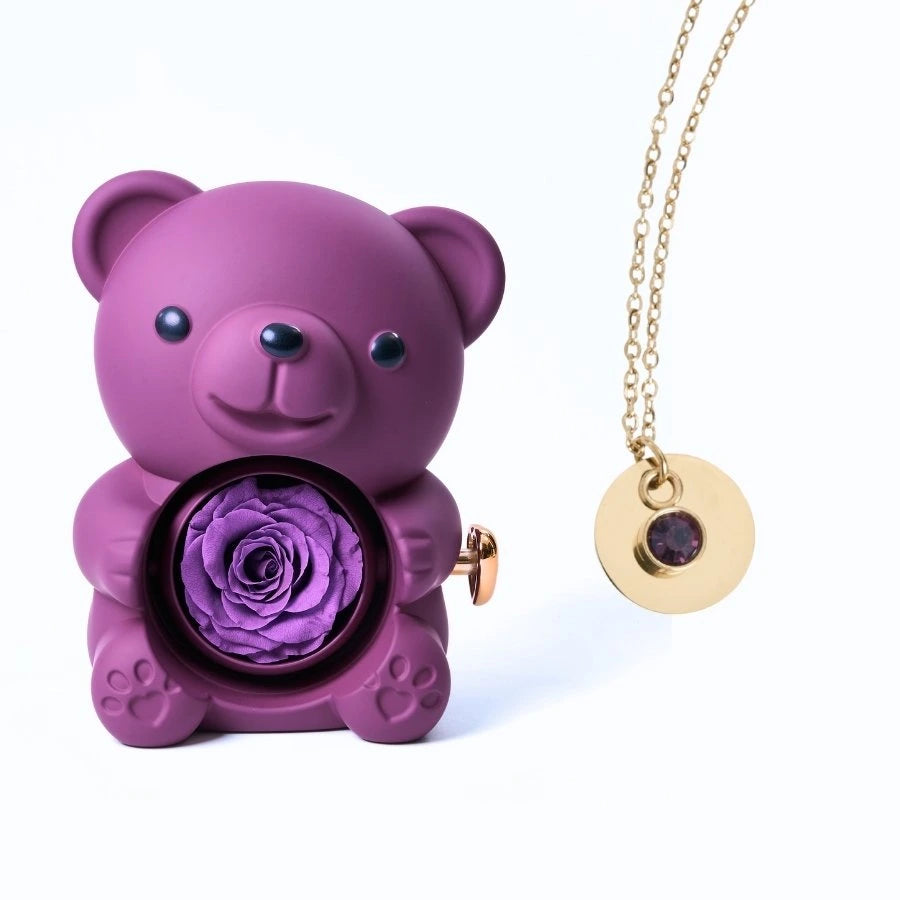 Ours Rose Éternelle & Collier Disque Personnalisé