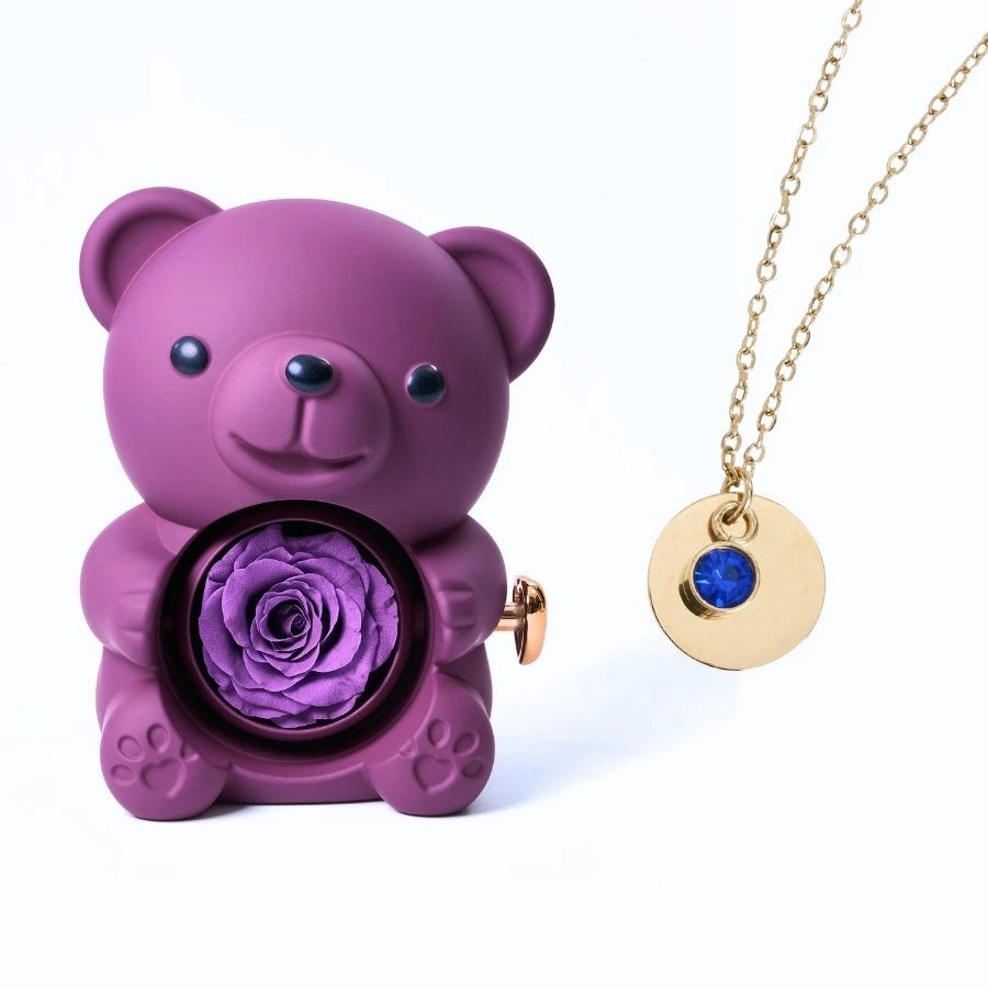 Ours Rose Éternelle & Collier Disque Personnalisé