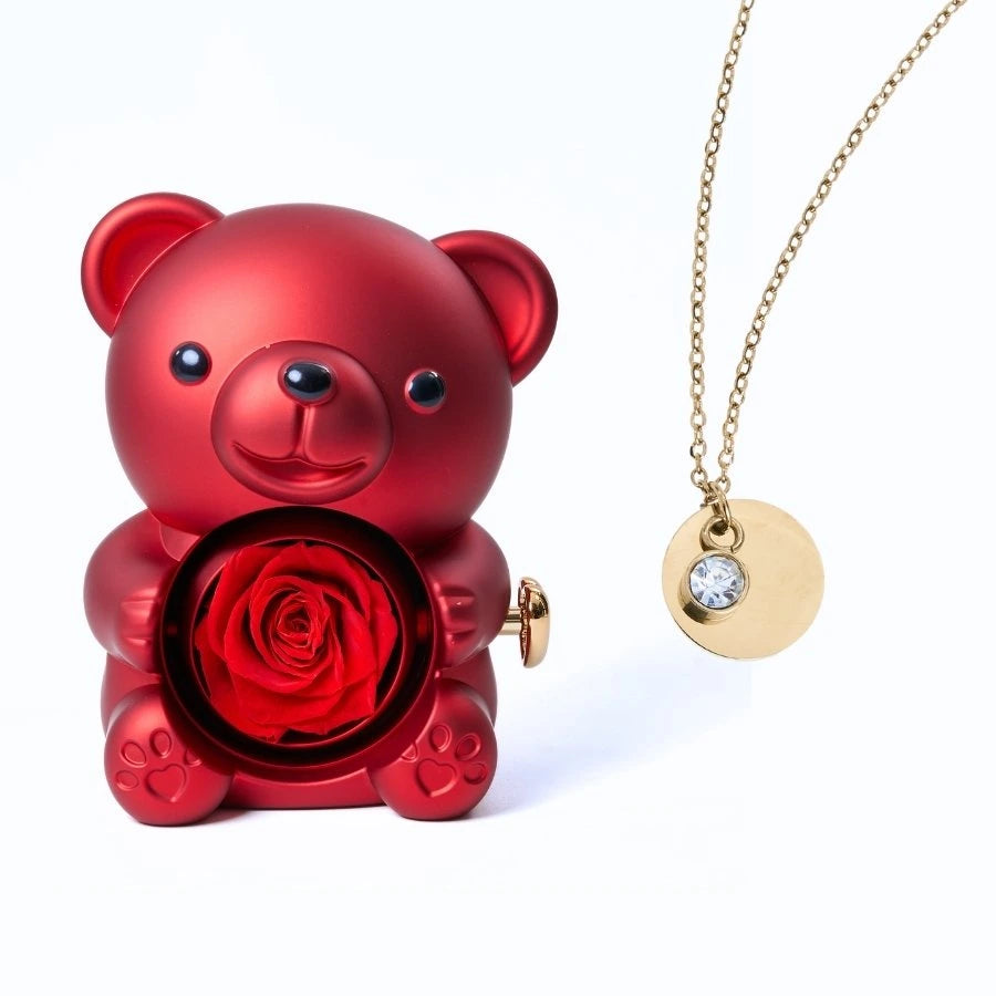 Ours Rose Éternelle & Collier Disque Personnalisé