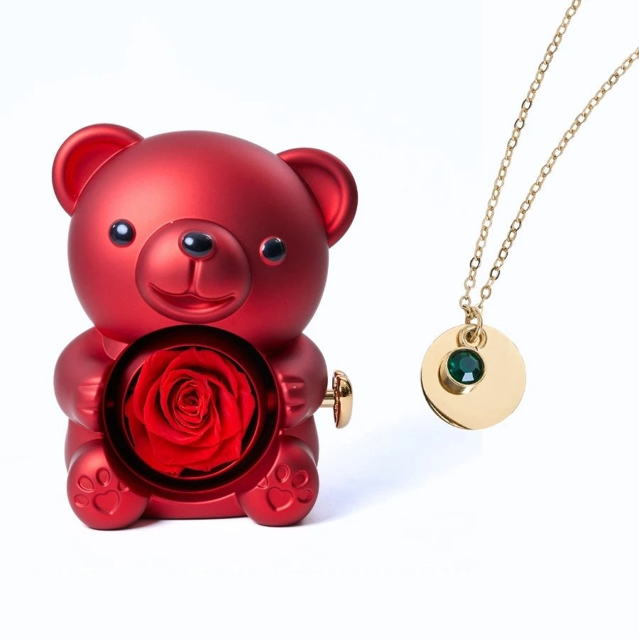 Ours Rose Éternelle & Collier Disque Personnalisé