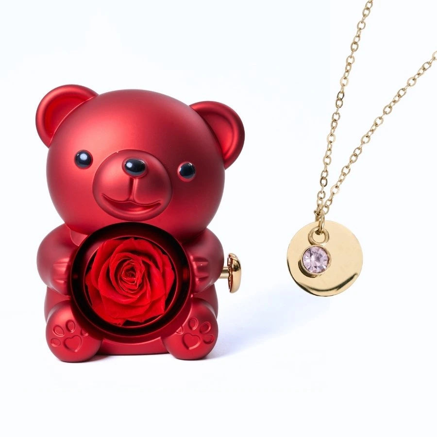Ours Rose Éternelle & Collier Disque Personnalisé