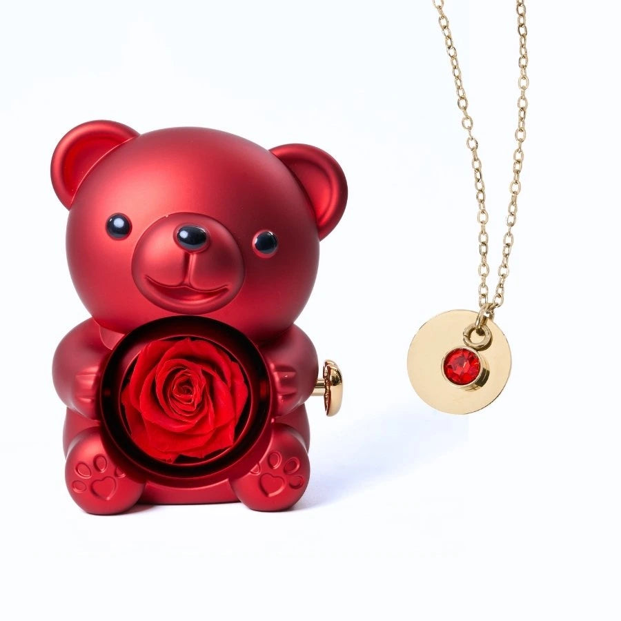 Ours Rose Éternelle & Collier Disque Personnalisé