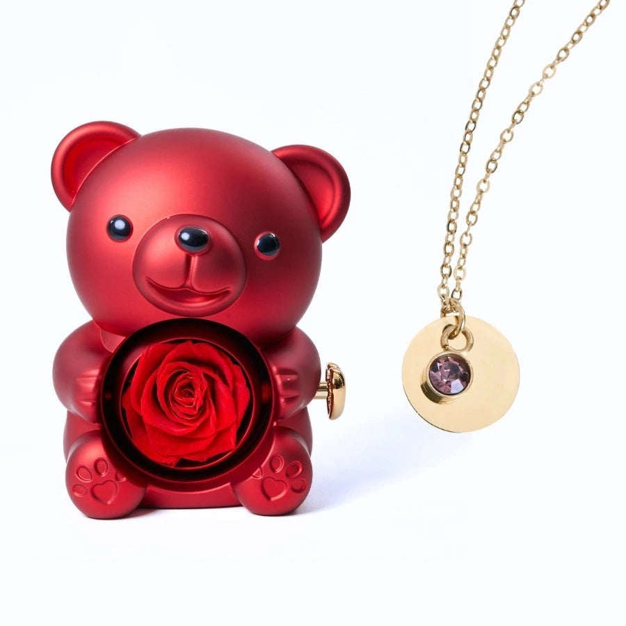 Ours Rose Éternelle & Collier Disque Personnalisé