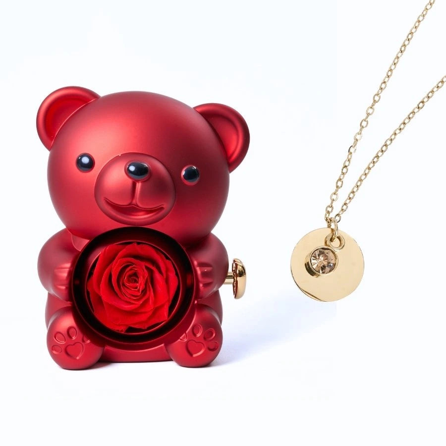 Ours Rose Éternelle & Collier Disque Personnalisé