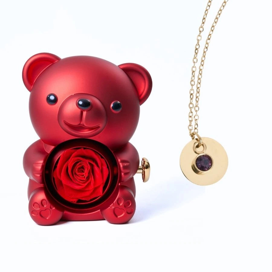 Ours Rose Éternelle & Collier Disque Personnalisé