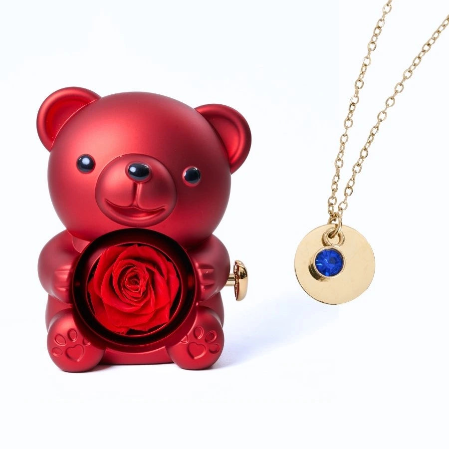Ours Rose Éternelle & Collier Disque Personnalisé