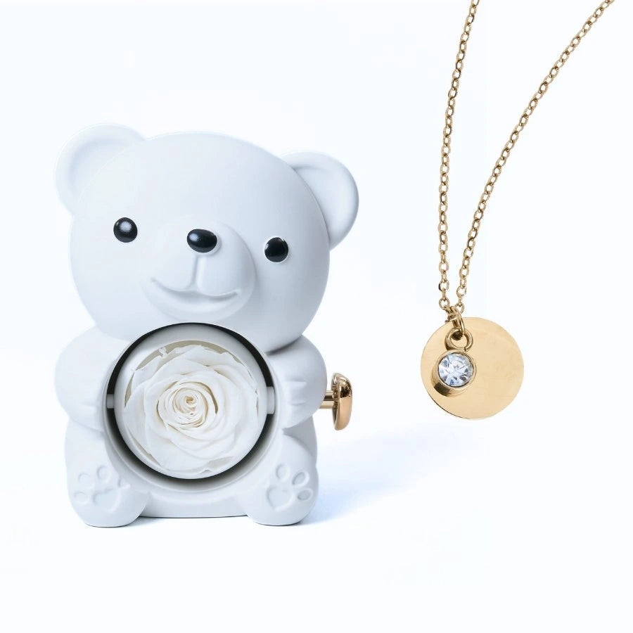 Ours Rose Éternelle & Collier Disque Personnalisé
