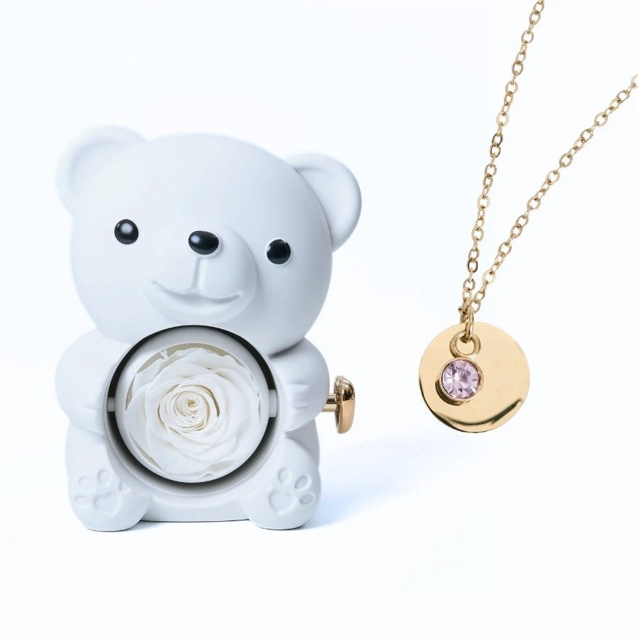Ours Rose Éternelle & Collier Disque Personnalisé