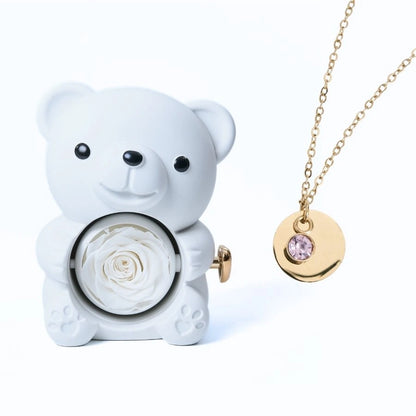 Ours Rose Éternelle & Collier Disque Personnalisé