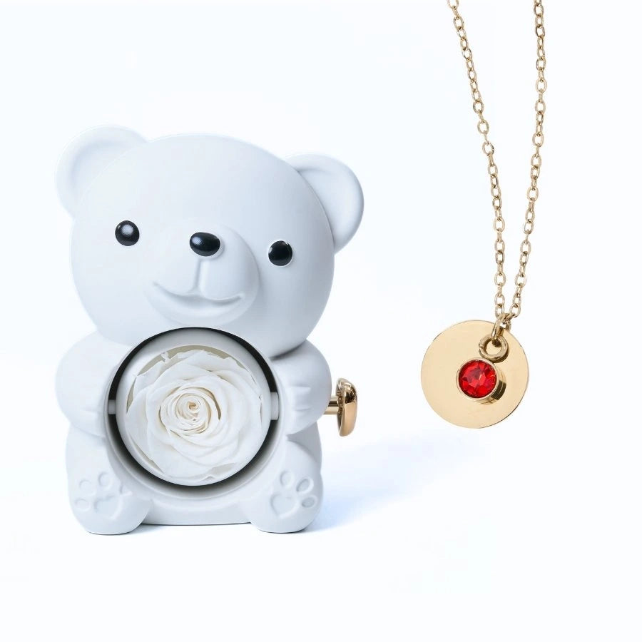 Ours Rose Éternelle & Collier Disque Personnalisé