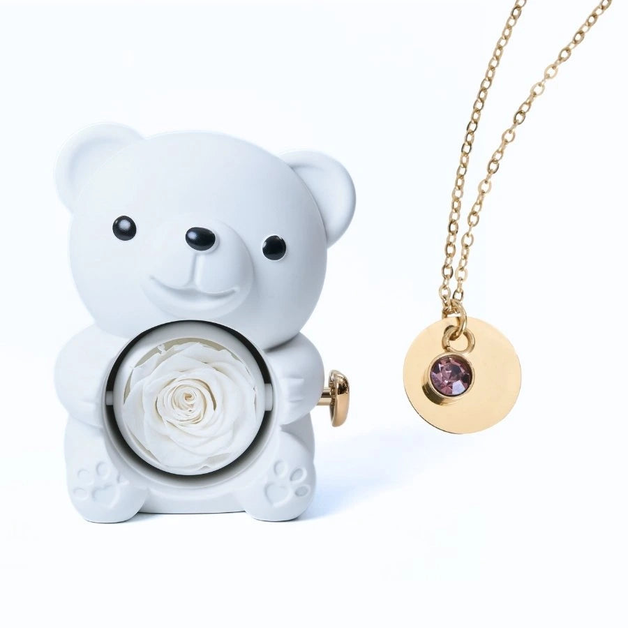 Ours Rose Éternelle & Collier Disque Personnalisé