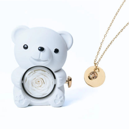 Ours Rose Éternelle & Collier Disque Personnalisé