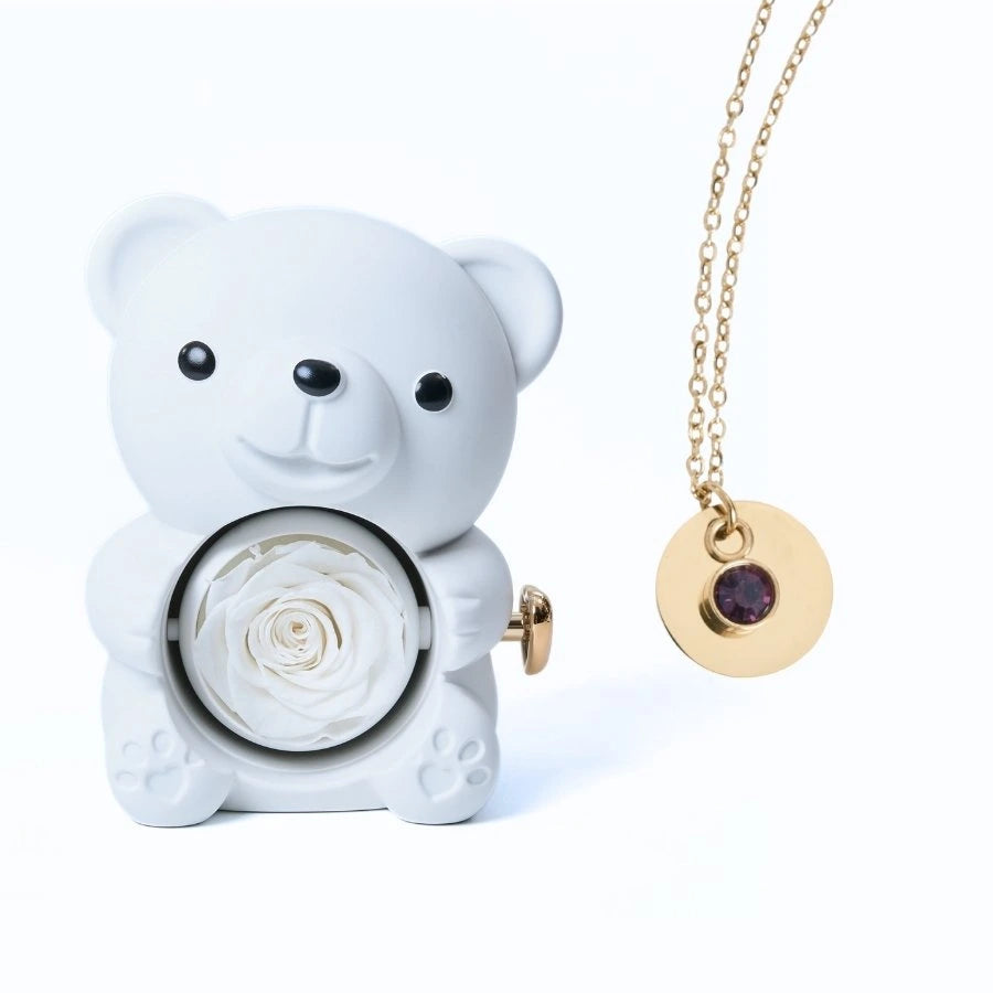 Ours Rose Éternelle & Collier Disque Personnalisé