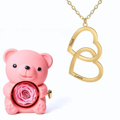 Ours Éternel & Collier Double Coeur Personnalisé Deux Prénoms