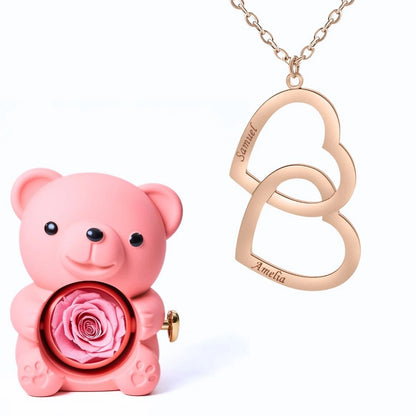 Ours Éternel & Collier Double Coeur Personnalisé Deux Prénoms