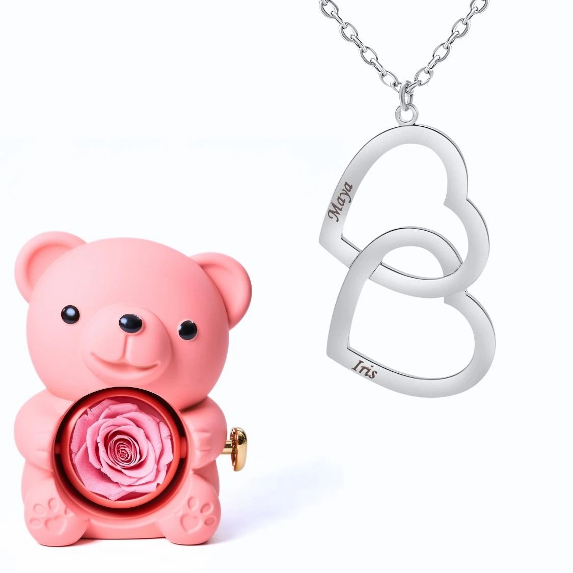 Ours Éternel & Collier Double Coeur Personnalisé Deux Prénoms