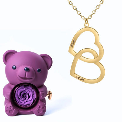 Ours Éternel & Collier Double Coeur Personnalisé Deux Prénoms