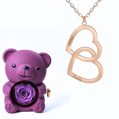 Ours Éternel & Collier Double Coeur Personnalisé Deux Prénoms