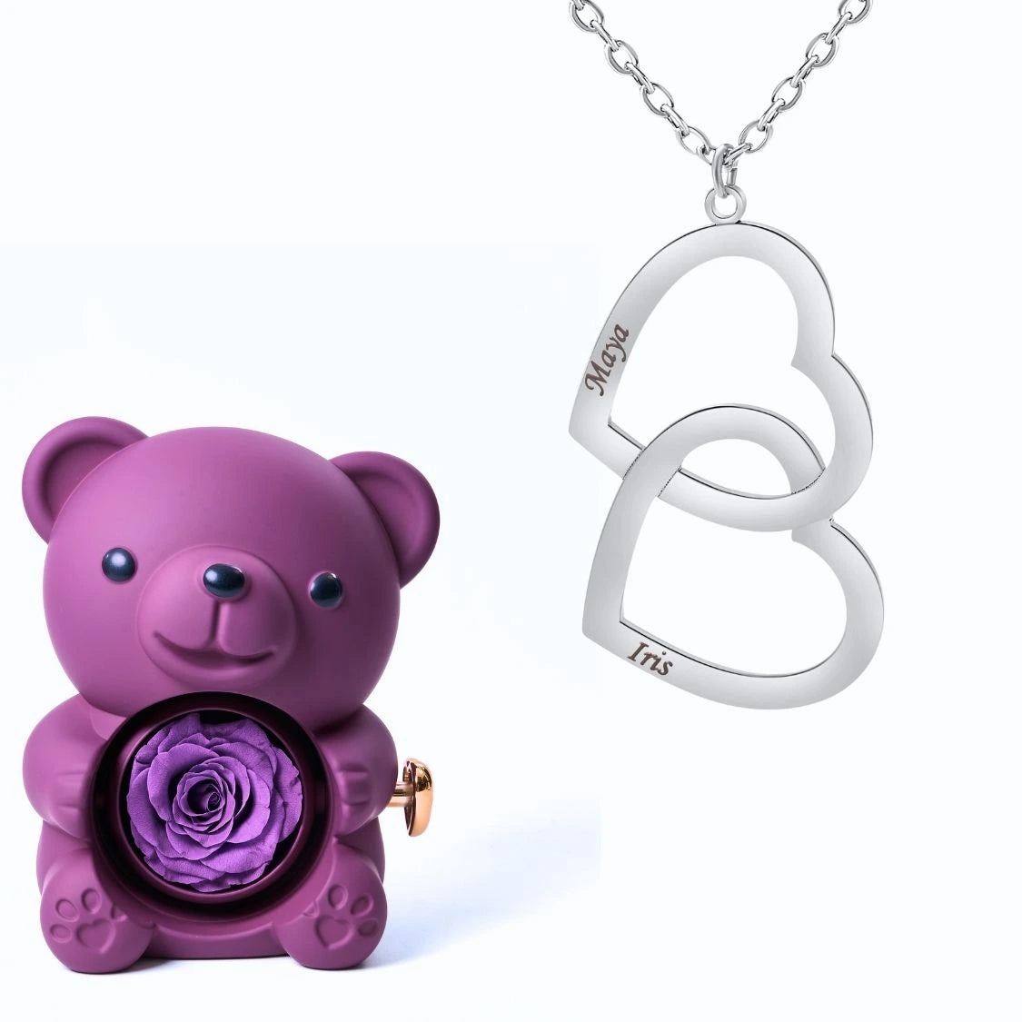 Ours Éternel & Collier Double Coeur Personnalisé Deux Prénoms