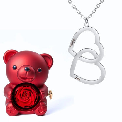 Ours Éternel & Collier Double Coeur Personnalisé Deux Prénoms