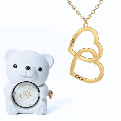 Ours Éternel & Collier Double Coeur Personnalisé Deux Prénoms