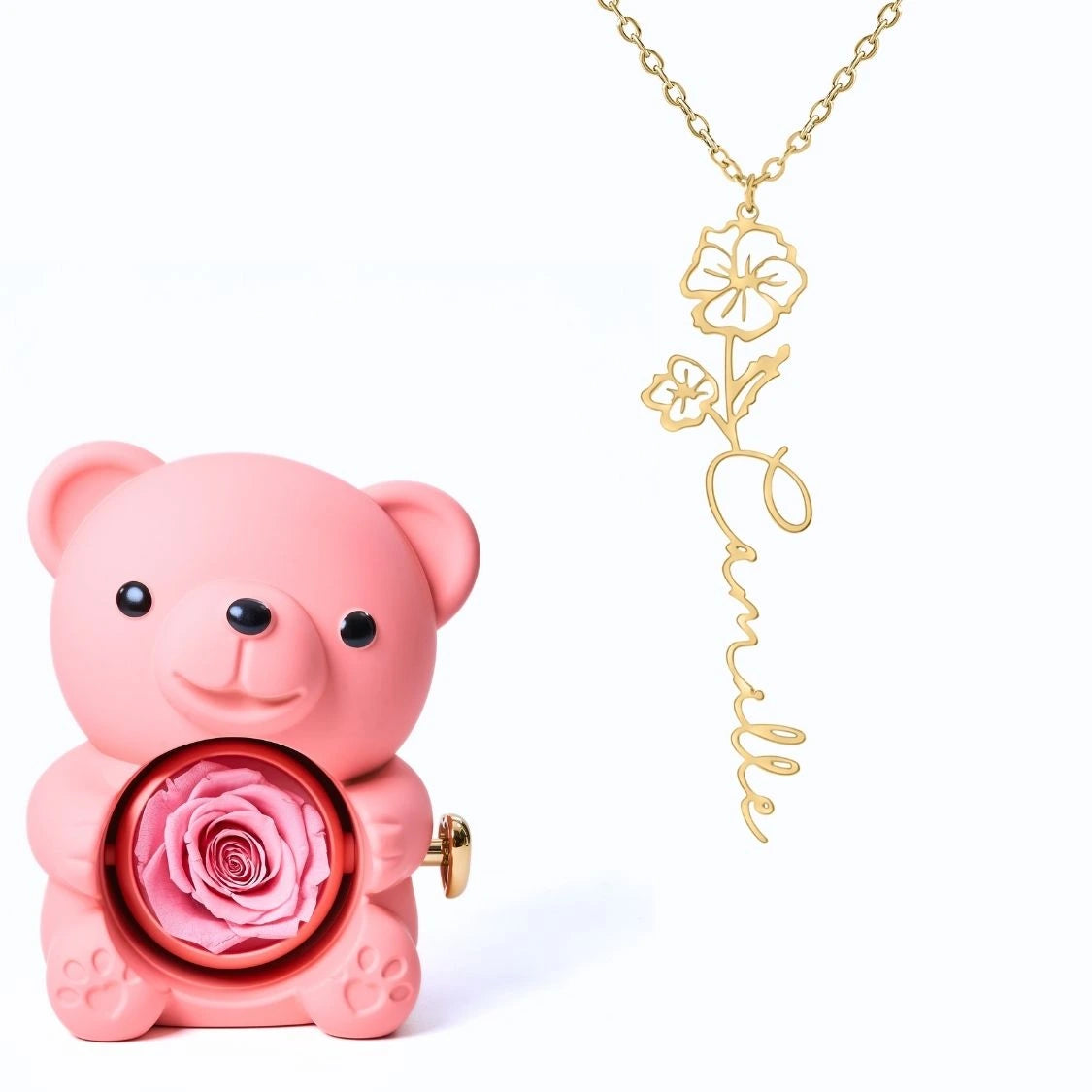 Ours Éternel & Collier Prénom Fleur