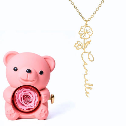 Ours Éternel & Collier Prénom Fleur