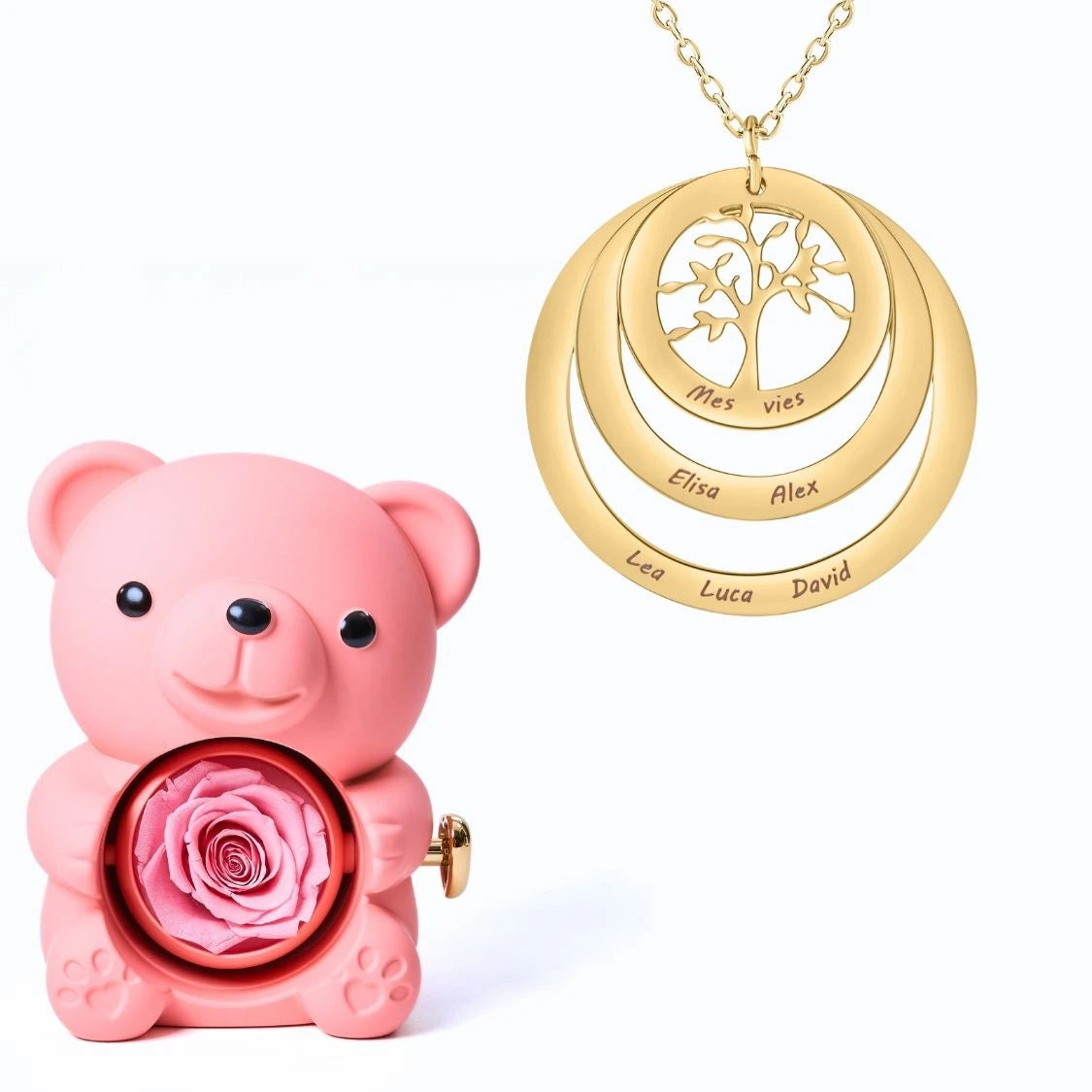 Ours Éternel & Collier Cercle Arbre de Famille Personnalisé