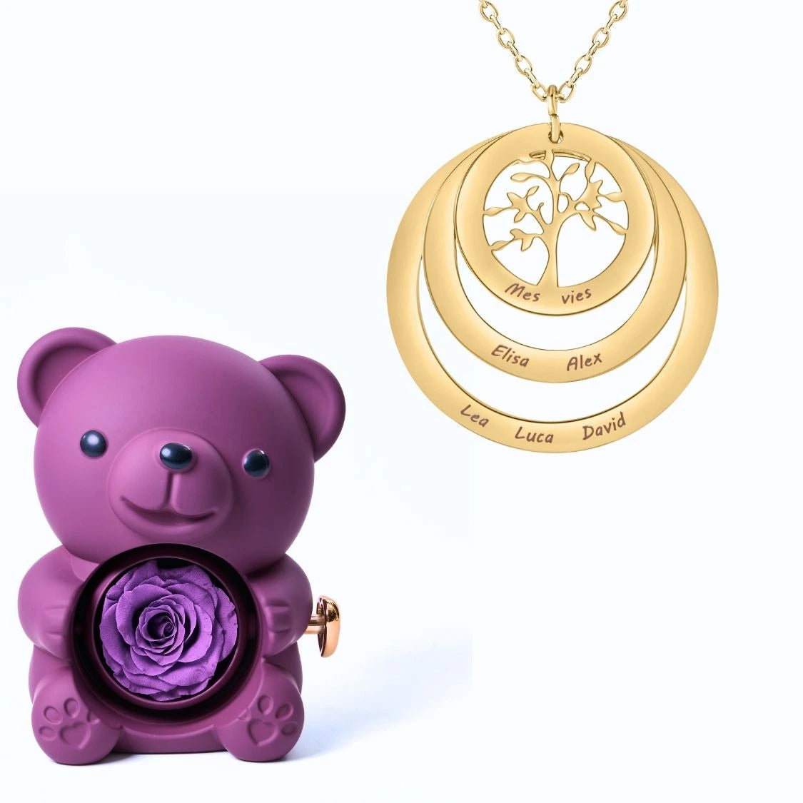 Ours Éternel & Collier Cercle Arbre de Famille Personnalisé