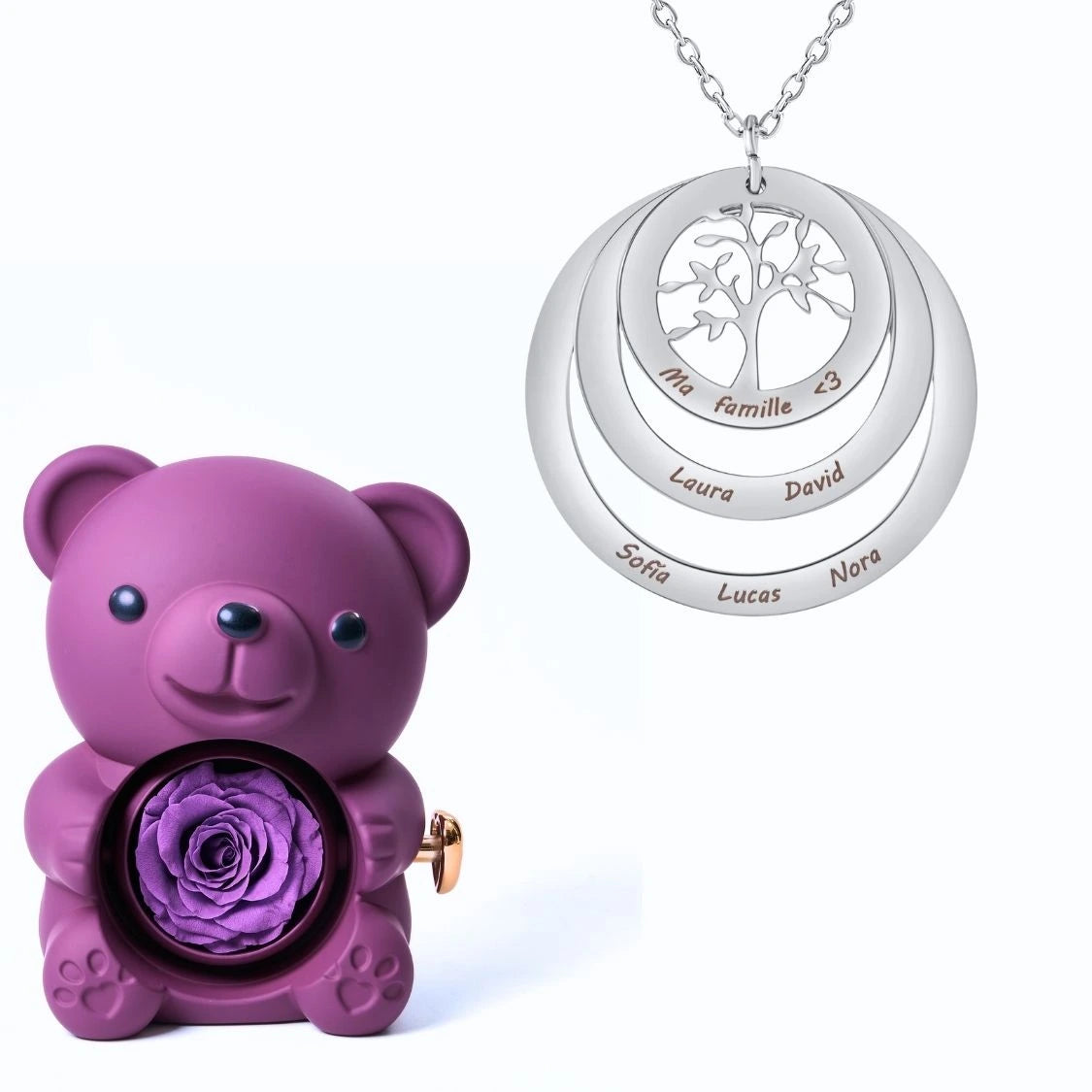 Ours Éternel & Collier Cercle Arbre de Famille Personnalisé