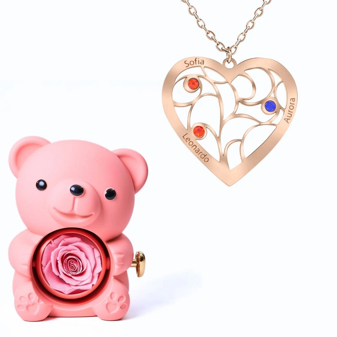 Ours Éternel & Collier Coeur et Pierre de Naissance