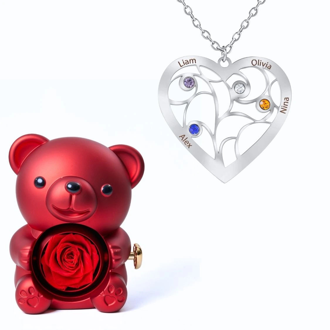 Ours Éternel & Collier Coeur et Pierre de Naissance