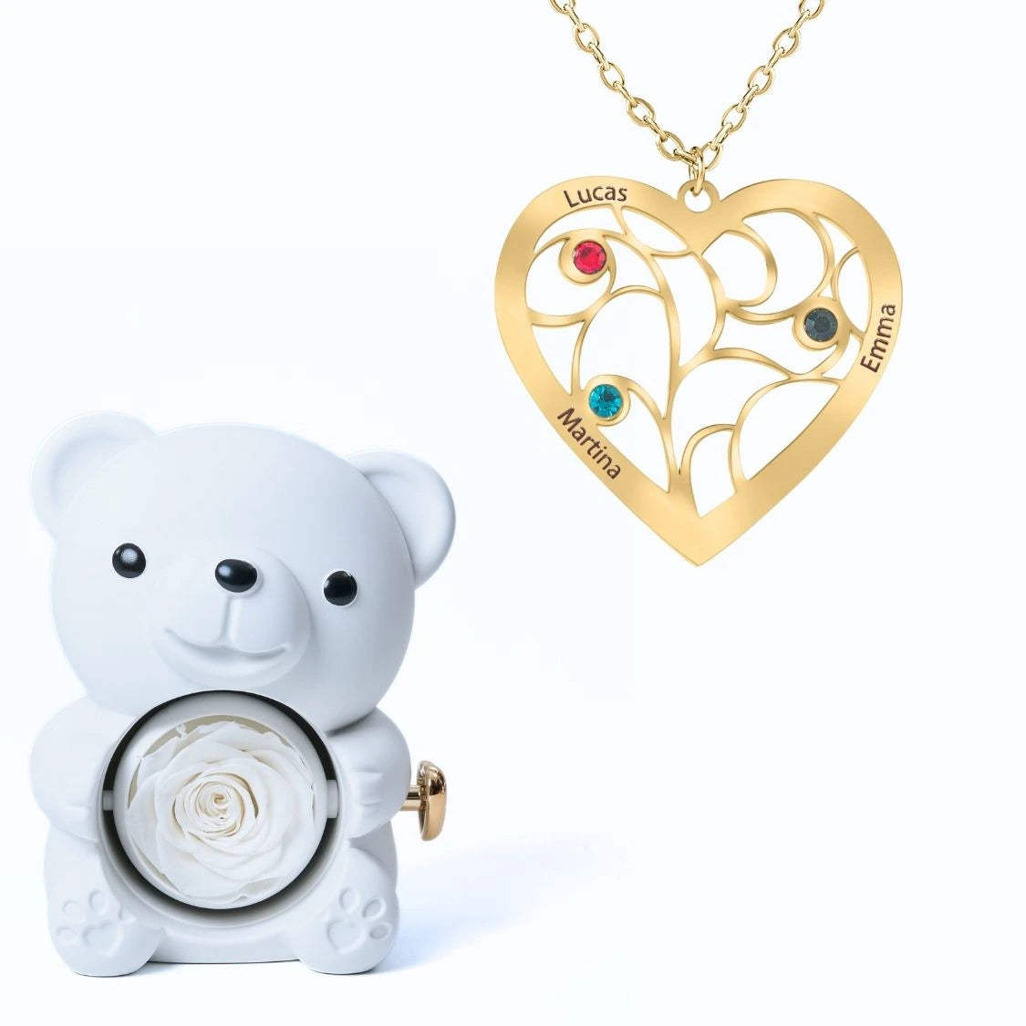 Ours Éternel & Collier Coeur et Pierre de Naissance