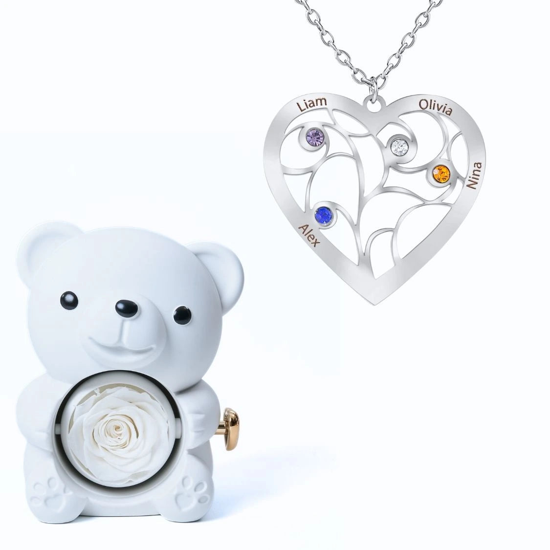 Ours Éternel & Collier Coeur et Pierre de Naissance