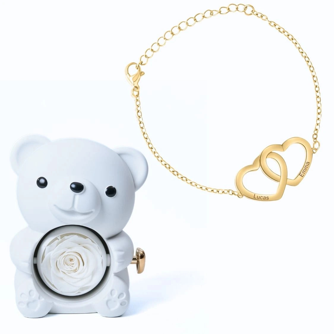 Ours Éternel & Bracelet Personnalisé à Deux Cœurs Entrelacés