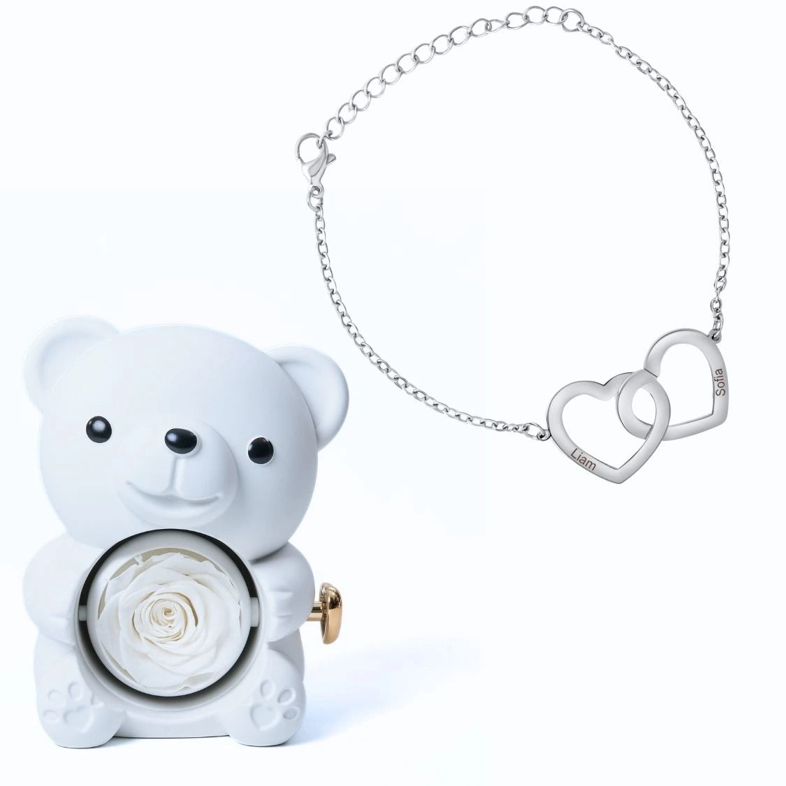 Ours Éternel & Bracelet Personnalisé à Deux Cœurs Entrelacés