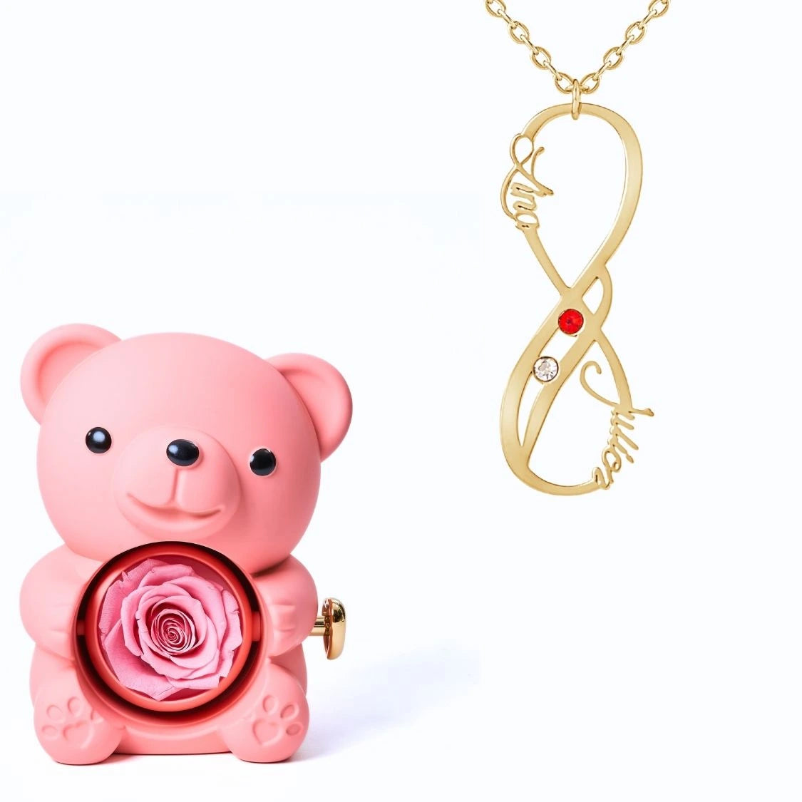 Ours Éternel & Collier Vertical Infini Deux Prénoms et Pierres