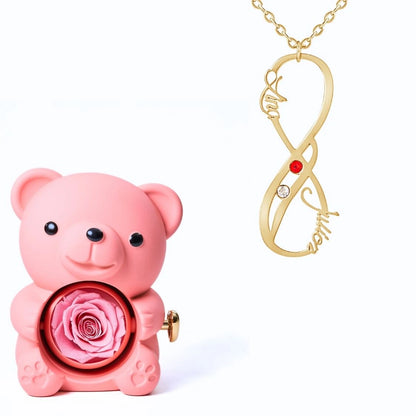 Ours Éternel & Collier Vertical Infini Deux Prénoms et Pierres