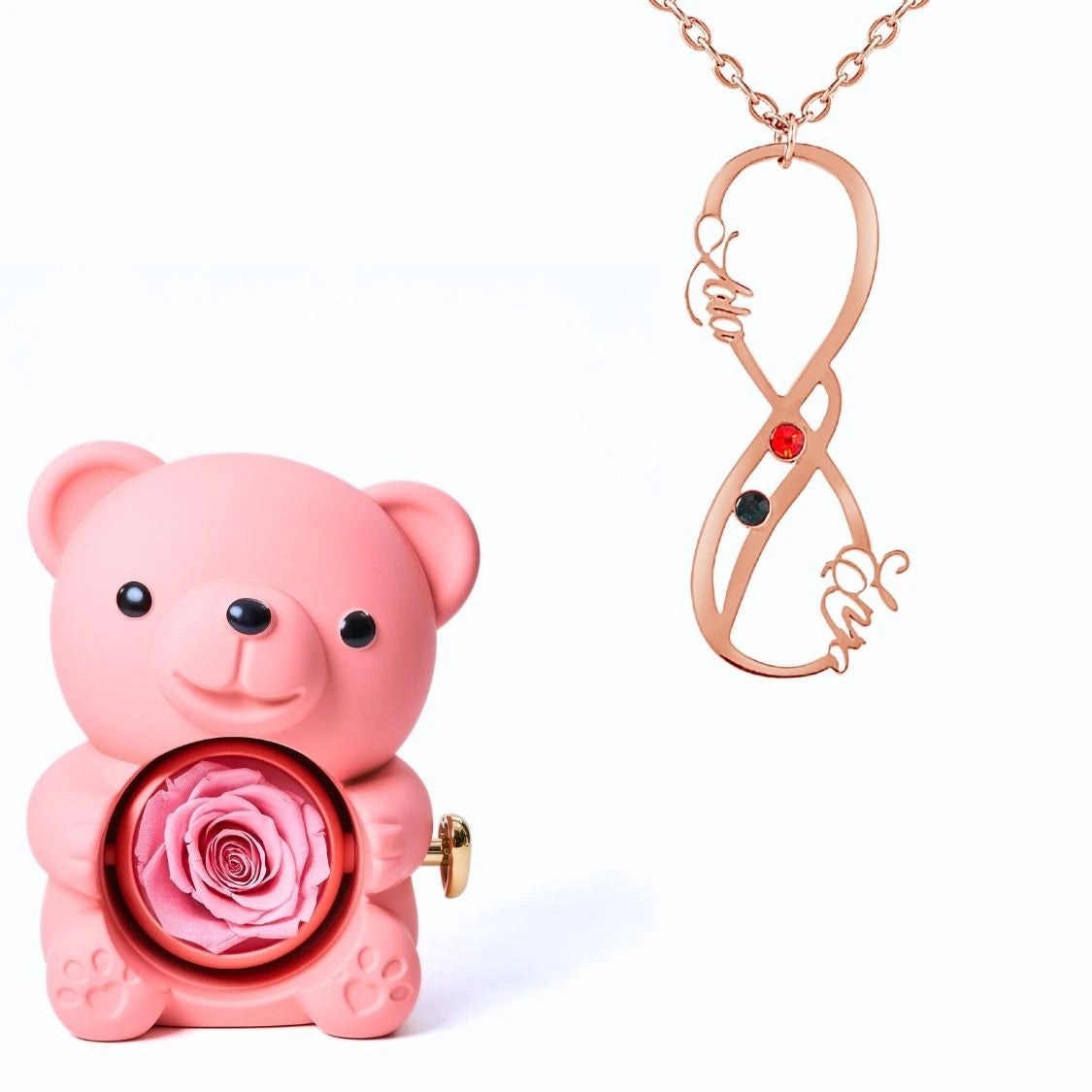 Ours Éternel & Collier Vertical Infini Deux Prénoms et Pierres