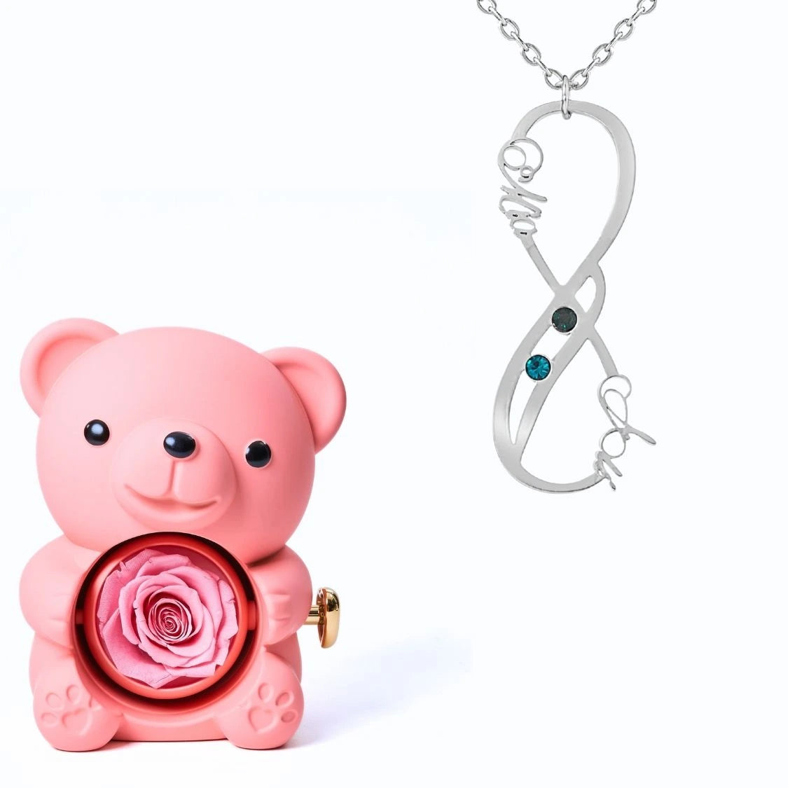 Ours Éternel & Collier Vertical Infini Deux Prénoms et Pierres